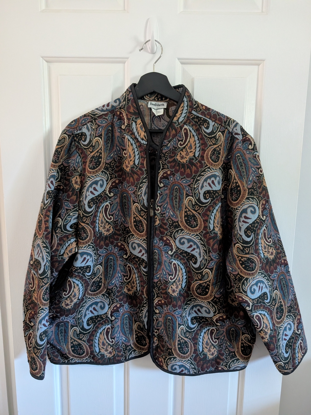 BonWorth Vintage Women's Paisley Tapestry Jacket in Black Brown Blue Medium